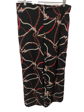 Meg & Margot Black Wide-Leg Pants with Red and Cream Chain Print Size Medium